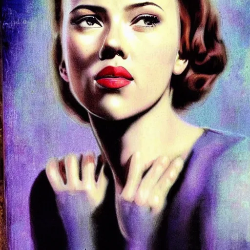 Image similar to “Scarlett Johansson portrait, color vintage magazine illustration 1950”