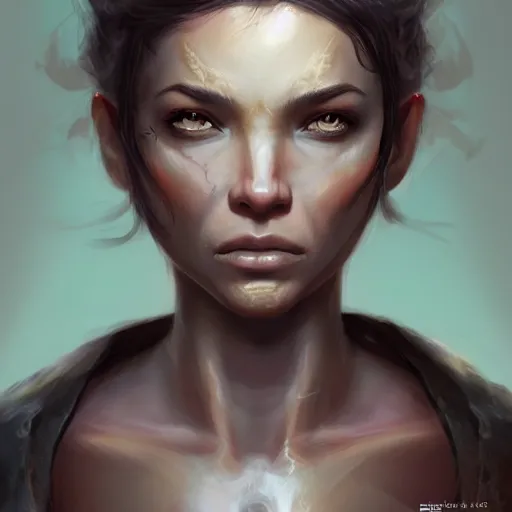 Image similar to beautiful, very strong, mixed race woman, middle aged, face, natural, no makeup, no tattoos, warrior, battle hardened, head shot, fantasy, highly detailed, digital painting, artstation, concept art, sharp focus, illustration, art by jodie muir and brom