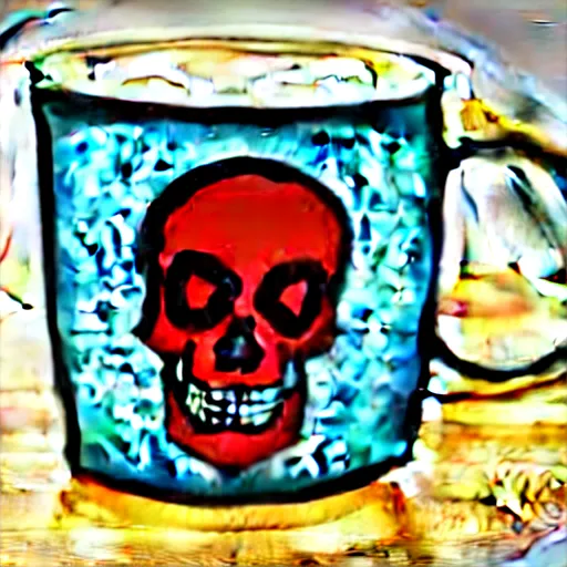 Prompt: a cup with a skeleton saying'gaming '!!! on it,'gaming '!!!