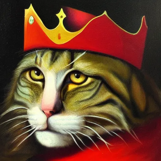 Prompt: oil in canvas of an old king cat