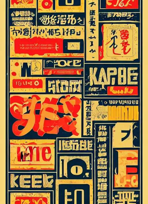 Image similar to poster design with bright and colourful vintage typographic japanese katakana, layout design, illustrator vector graphics