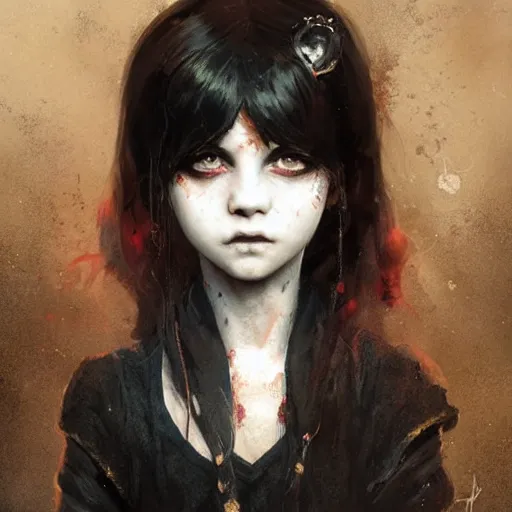 Image similar to goth little girl, artwork by greg rutkowski and hiroriko araki