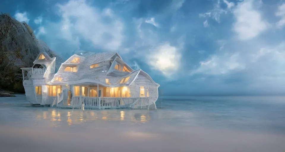 Image similar to pearly white seashell house, atmospheric cinematography