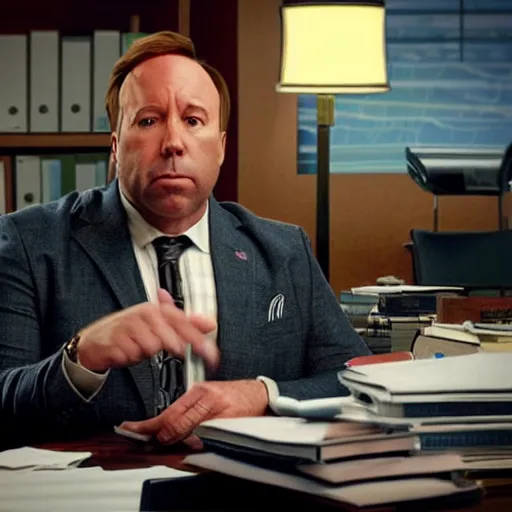 Image similar to “ very photorealistic photo of alex jones in saul goodman ’ s office, award - winning details ”