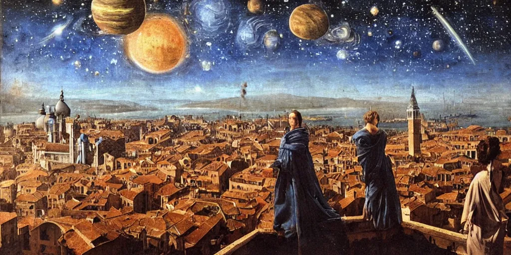 Image similar to scene from cosmologica a scifi movie by luchino visconti with mastroianni leaving the medieval cosmos to enter new universe. venice in the background. blue sky with a lot of stars and planets in the style of ( ( ( renaissance cosmological painting ) ) ). cinematic, technicolor, photorealistic, direct lighting, highly intricate, extremely realistic.