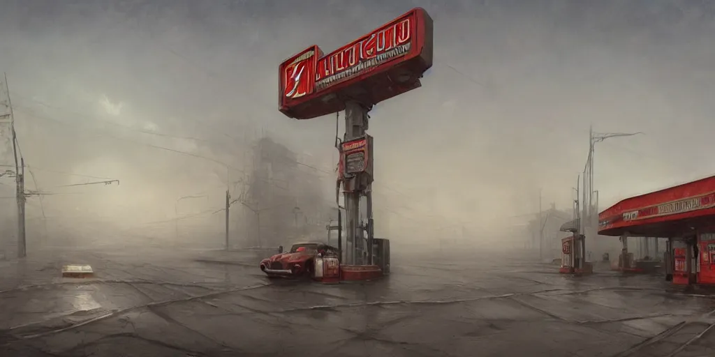 Prompt: a highly detailed epic cinematic concept art CG render digital painting artwork: Soviet gas station, fog. By Greg Rutkowski, in the style of Francis Bacon and Syd Mead and Norman Rockwell and Beksinski, open ceiling, highly detailed, painted by Francis Bacon and Edward Hopper, painted by James Gilleard, surrealism, airbrush, Ilya Kuvshinov, WLOP, Stanley Artgerm, very coherent, triadic color scheme, art by Takato Yamamoto and James Jean