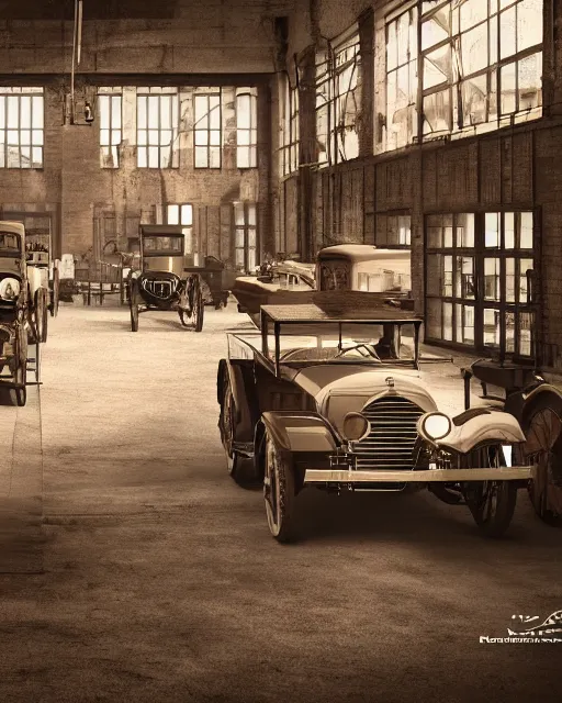 Image similar to interior of historic large factory with luxury cars of 1920s, volumetric lighting, sepia tones, hyper realism, high detail, octane render, high contrast , 8k