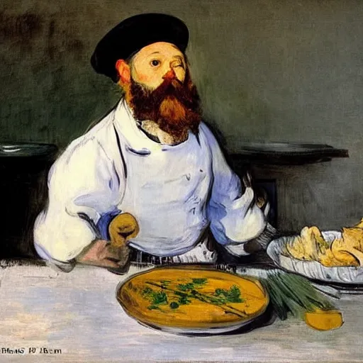 Prompt: a chicken chef in the kitchen, Edouard Manet, painting, funny,