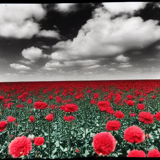 Image similar to A evil red clouds over a large flower field, eerie, 1970s photo, scary vibes