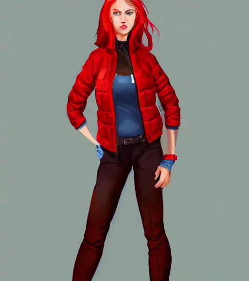 Prompt: a woman wearing a wide jacket, full body shot, red hair, highly detailed, digital painting, artstation, concept art, smooth, sharp focus, illustration