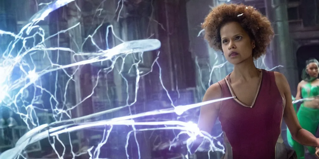 Image similar to wide angle movie stills of gugu mbatha - raw as sue storm in fantastic four movie using her iridescent particles force field powers while battling doctor doom, and an army of shapeshifter lizard like humanoids called the skrulls