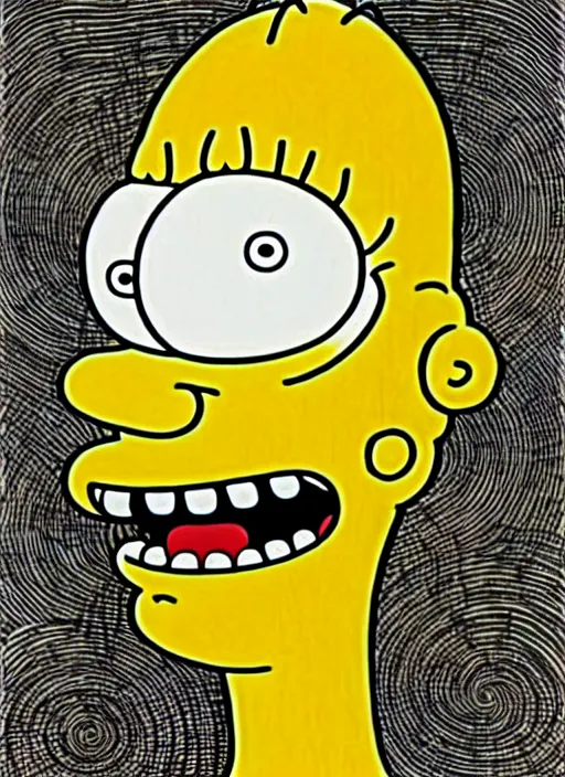 Prompt: junji ito style homer simpson, intricate, highly detailed, illustration, art by junji ito, junji ito