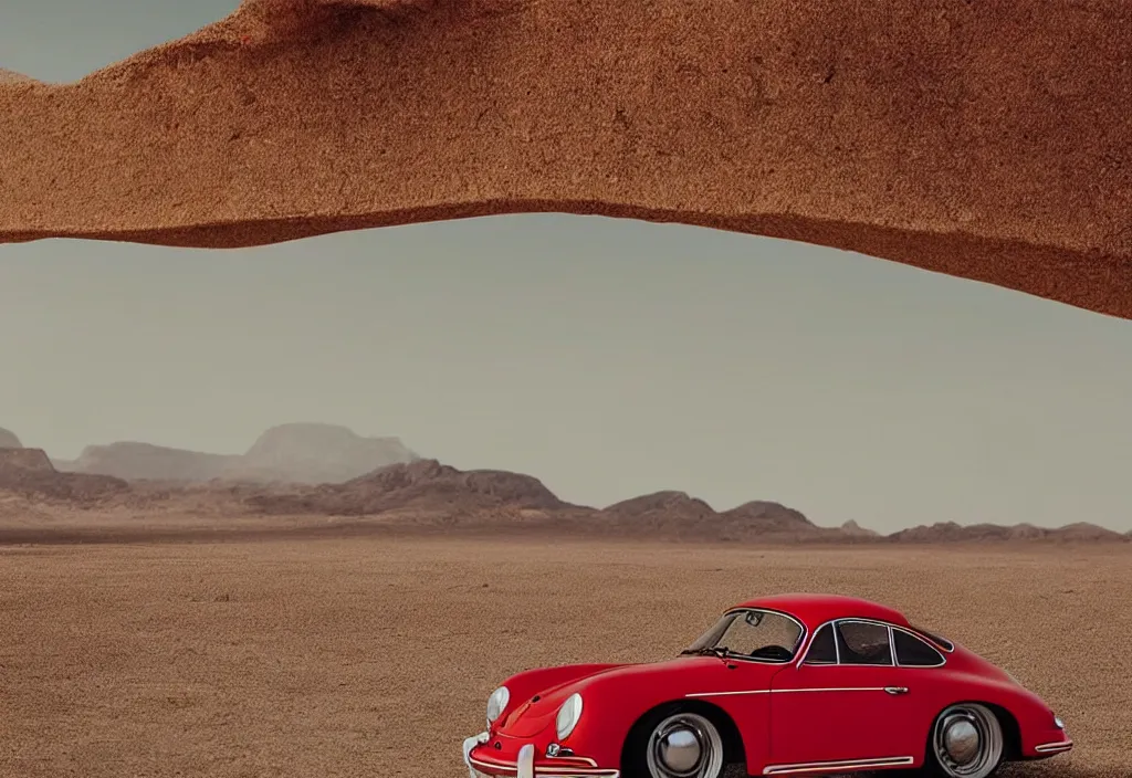 Image similar to “a single red porsche 356 is parked in the middle of the desert, a matte painting by Scarlett Hooft Graafland, featured on unsplash, australian tonalism, anamorphic lens flare, cinematic lighting, rendered in unreal engine”