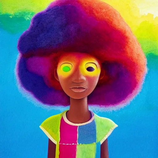 Image similar to a black girl with a colorful afro and rainbow eyes, at the beach, sunset, bright colours, watercolor, volumetric wool felting, macro photography, children illustration, by goro fujita