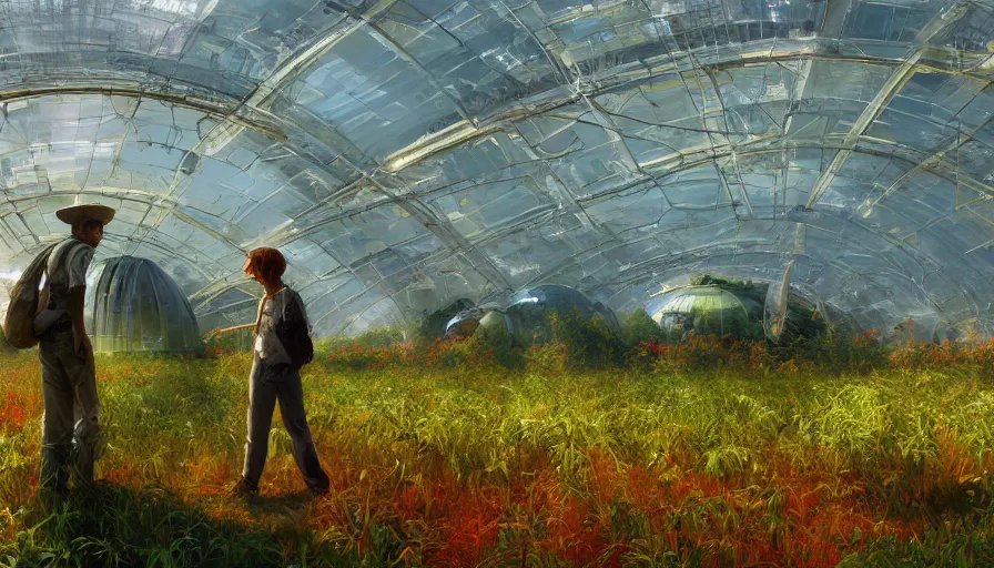 Prompt: craig mullins and ghibli digital illustration of solarpunk fields of crops and hydroponics under an invisible dome, farms, colorful, unreal engine, hyper realism, realistic shading, cinematic composition, realistic render, octane render, detailed textures, photorealistic, wide shot