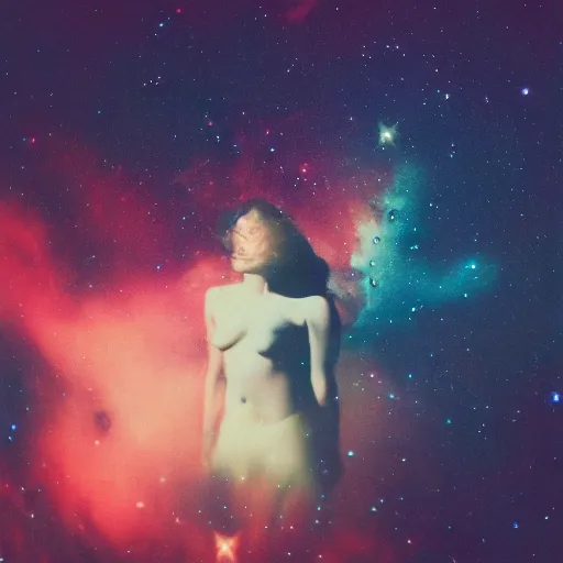 Prompt: analog photograph of a woman floating in deep space, detailed clouds, nebula, planets, galaxies, warm azure tones, red color bleed, film grain