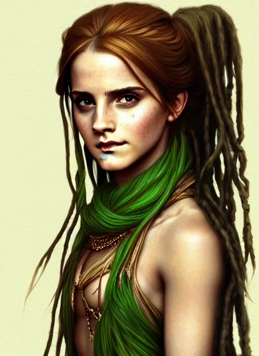 Prompt: redskin emma watson as druidess, long dreadlocks, brown and green cloth, shiny background, intricate, elegant, highly detailed, digital painting, artstation, concept art, smooth, sharp focus, illustration, artgerm, bouguereau