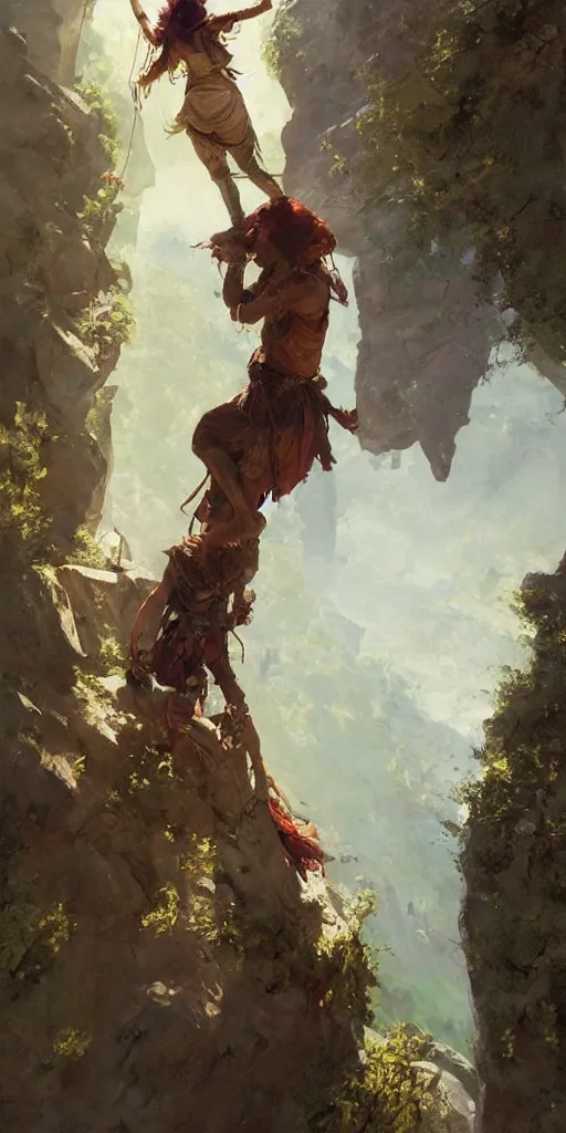 Image similar to oil art of young roma mage adventurer climbing down a cliffside in style of disco elysium character, gipsy jester character design from ravenloft, art by anders zorn, wonderful masterpiece by greg rutkowski, beautiful cinematic light, american romanticism by greg manchess, jessica rossier