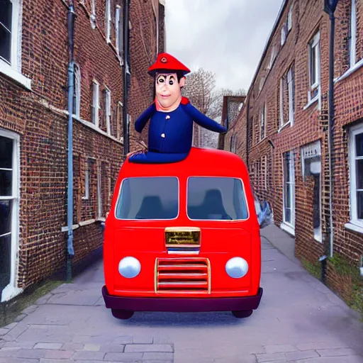 Prompt: postman pat visits a gallery with his cat jess, red van, white gallery, contemporary art, photorealistic