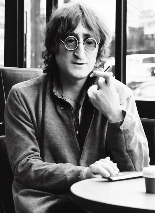 Prompt: john lennon sitting inside a starbucks using his iphone 1 2, black and white photo, real, photorealistic