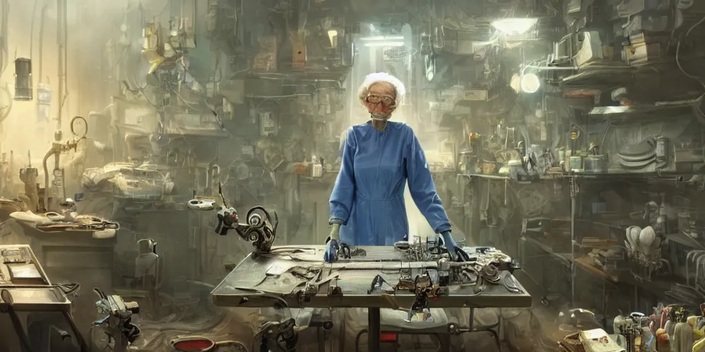 Prompt: an environmental concept art of an elderly woman cyberneticist in a cluttered workshop, surgical implements, surgery table, robotic arm, highly detailed, cinematic, dramatic, cyberpunk, dieselpunk, scifi space station, horror, bladerunner 2 0 4 9