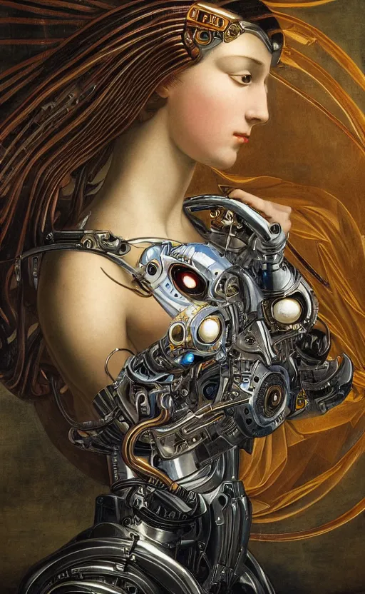 Image similar to beautiful mural of a young cyborg queen, piercing glowing robot eyes, elegant, striking composition, highly detailed ornate sci fi background, mural in the style of sandro botticelli, caravaggio, albrecth durer, 8k