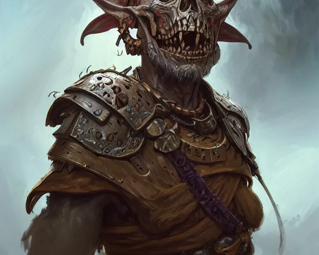 Image similar to a mind - blowing portrait of a goblin chieftain, wearing a human skull as a hat, deep focus, d & d, fantasy, intricate, elegant, highly detailed, digital painting, artstation, concept art, matte, sharp, illustration, hearthstone, art by artgerm and greg rutkowski and alphonse mucha