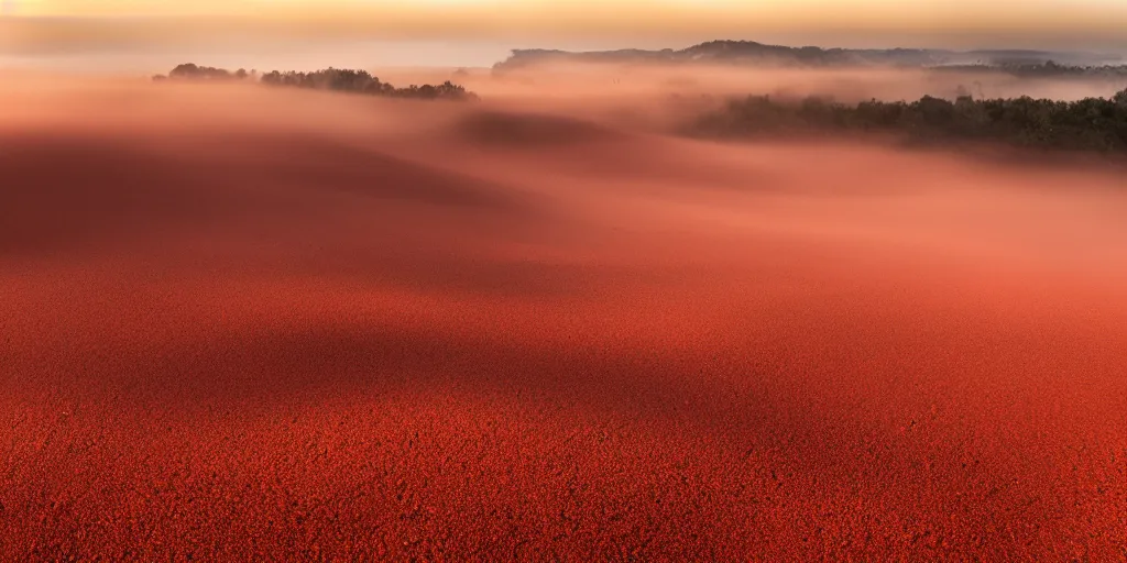 Prompt: red sand hills, beautiful, dawn, foggy area, photorealistic, panoramic shot, 4 k