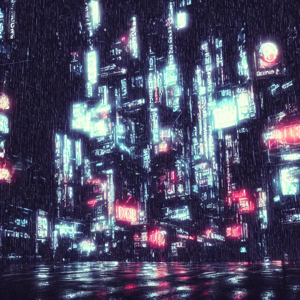 Image similar to dark city street in the rain, black cat standing in street, neon lights, cyberpunk, year 2 0 9 9, blade runner, octane render, 4 k