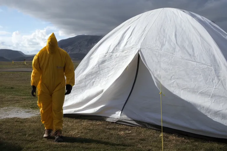 Image similar to man wearing hazmat suit in clean tent. by Roger Deakins