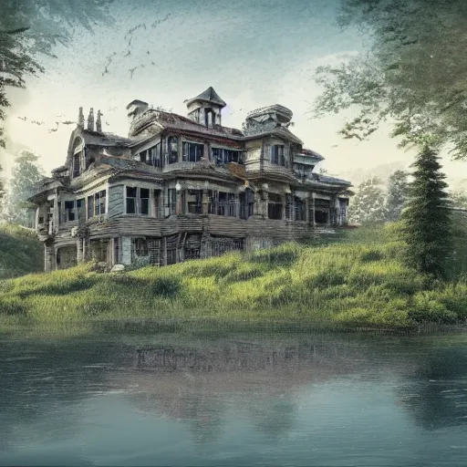 Image similar to old mansion in the woods beside a lake, artstation