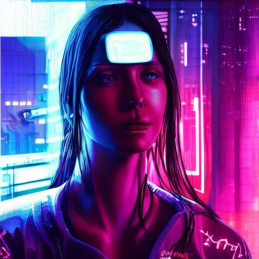 Image similar to “high detail picture of a Cyberpunk girl, digital art, concept art, neon colors, high contrast, sharp focus, hiperrealist, photorealist, Artstation HQ, DeviantArt, cybernetics, techwear, urban samurai, netrunner, Shadowrun, Cyberpunk 2077, Deus Ex, 4k UHD, Unreal Engine 5”