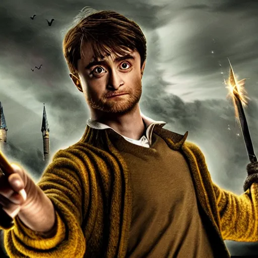 Prompt: Harry potter standing and holding a short wand, yellow light spell, side view, daniel radcliffe, thunderclouds, cinematic shot, wide shot, epic scale, photorealistic detail and quality, intricate cobblestone, magical particle effects, movie still, nighttime, crescent moon, sharp and clear, action shot, intense scene, visually coherent, symmetry, rule of thirds, movement, photorealistic colors, cool colors transitioning to warm colors, modest tone, award winning, directed by Steven Spielberg, Christopher Nolan, Tooth Wu, Asher Duran, artstation