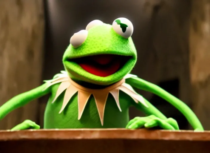 Image similar to film still of kermit the frog in the new scifi movie, 4 k