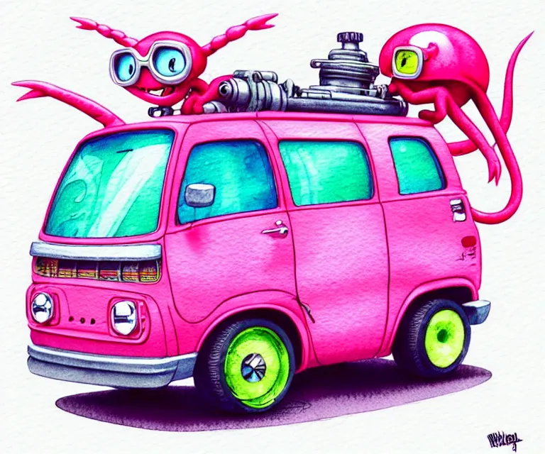 Prompt: cute and funny, pink colored squid wearing goggles riding in a tiny hot rod van with oversized engine, ratfink style by ed roth, centered award winning watercolor pen illustration, isometric illustration by chihiro iwasaki, edited by range murata, tiny details by artgerm and watercolor girl, symmetrically isometrically centered