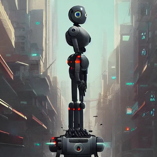 Prompt: a robot is standing in the middle of a city, cyberpunk art by Victor Mosquera, trending on cgsociety, pop surrealism, dystopian art, sci-fi, poster art