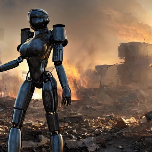 Image similar to a female humanoid robot in a destroyed warzone, damaged armor, vfx, fire, warzone, flames, scrap metal, dirty, dinged, scratched, damaged, complex lighting, trending on artstation, VFX, movie, nvidia, detailed, lighting, shadows