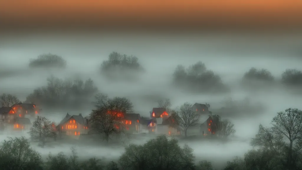 Image similar to village with beautiful houses in the fog on the lake, fog, volumetric lighting, mystique, atmospheric, conept art, teal and orange, sharp focus, ultra detailed, noir arthouse, 4 k, cinematic, 3 5 mm