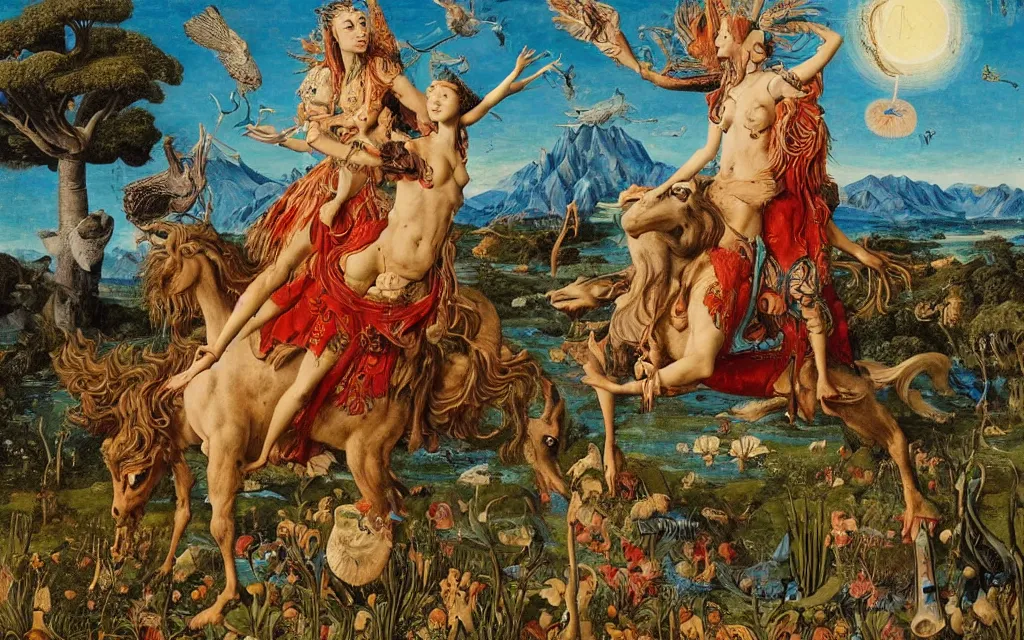 Prompt: a portrait photograph of a meditating harpy and a centaur king riding eagles and hugging animals at a river delta. surrounded by mushrooms, flowers, animals and trees. mountains range under a blue sky of burning stars. painted by jan van eyck, max ernst, ernst haeckel and ernst fuchs, cgsociety, artstation, fashion editorial, 8 k