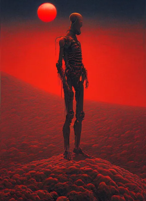 Image similar to hyper realistic end of the world by zdzisław beksinski and norman rockwell and greg rutkowskiweta studio, a red cyborg samurai, tokio futuristic in background, and lucasfilm, realm of the ovarian machine, horror art, blue and red hour