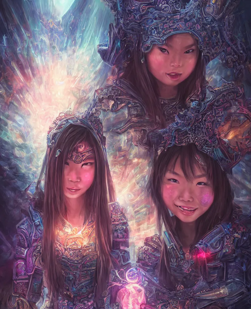 Prompt: amazing portrait of dark magician asian girl, cheeky smile, glowing eyes, intricate details, colourful, atmospheric light, ominous ancient city on the background, dark fantasy, ultra realistic details, detailed face, artstation, illustration, only one character, symmetrical, by małgorzata kmiec