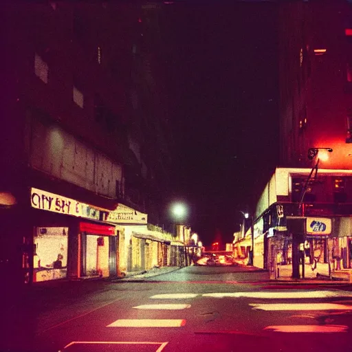 Prompt: an eerie photo of an a city of contradictions from the 1 9 9 0 s at night, disposable film