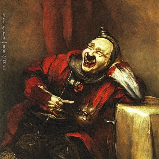 Prompt: a jester slumped over in an armchair, dark lighting, oil painting, by jan matejko