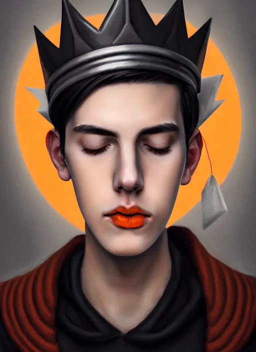 Image similar to portrait of teenage jughead jones wearing a light grey crown, crown, hamburger background, eyes closed, crown, black hair, orange, intricate, elegant, glowing lights, warm lighting, highly detailed, digital painting, artstation, concept art, smooth, sharp focus, illustration, art by wlop, mars ravelo and greg rutkowski