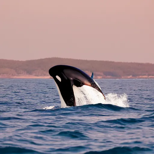 Prompt: realistic photo of an orca near a sailboat on a calm ocean.