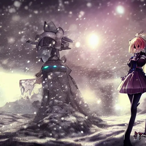 Image similar to anime girl with steampunk weapons and a robotic companion walking though a snowy tundra forest, extremely detailed, anime, anime background, intense, particles, cinematic lighting,