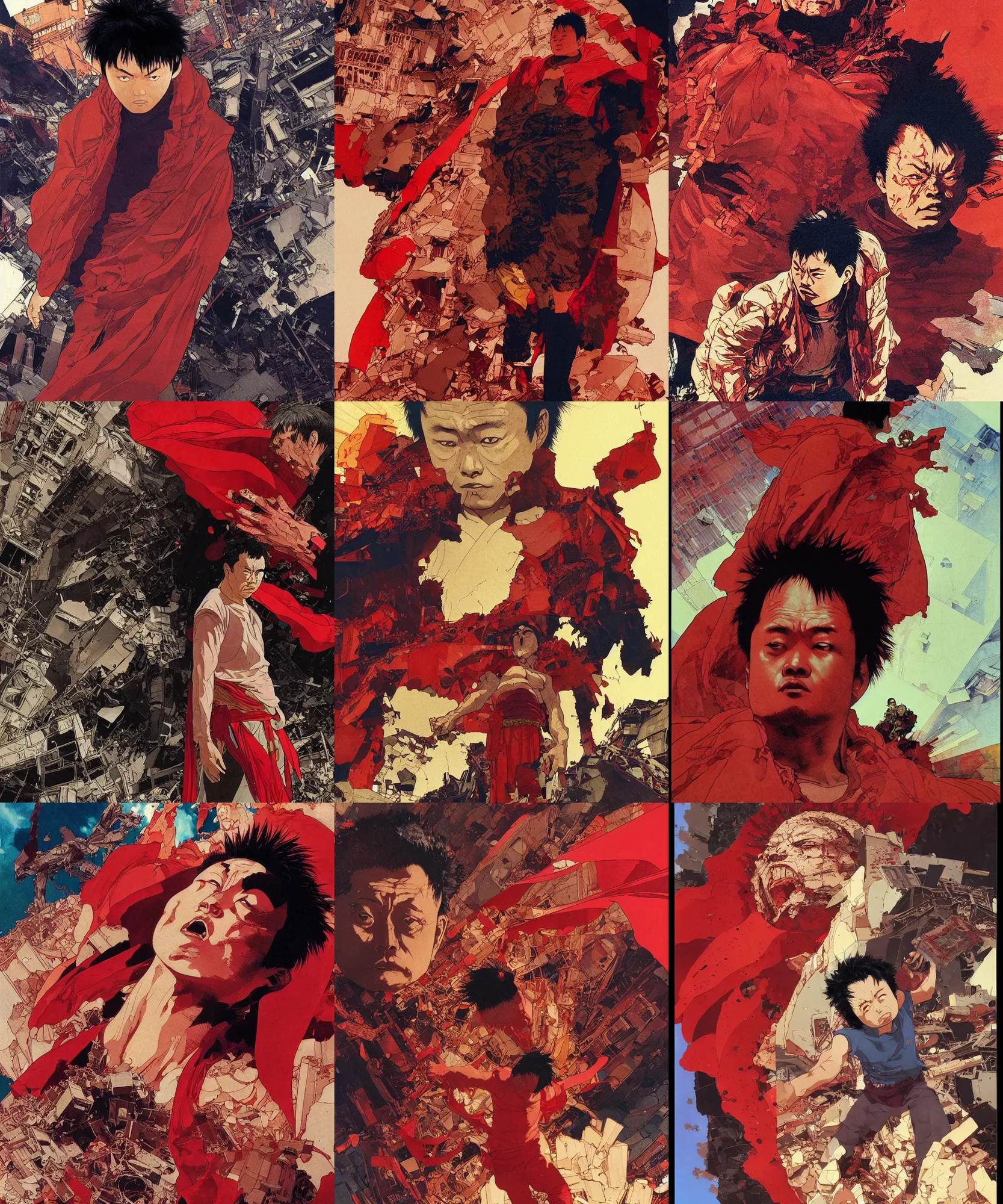 Prompt: katsuhiro otomo, a movie still of destroyed city and a close up of very angry tetsuo with red cape from akira, vibrant colors and hard shadows and strong rim light, comic cover art, plain background, trending on artstation, in the style of katsuhiro otomo greg rutkowski alphonse mucha