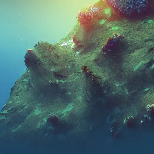 Prompt: underwater mountain, kelp, fish, digital art, trending on artstation, unreal engine, 4k, octane render