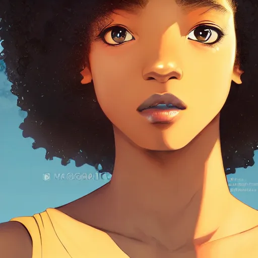 Image similar to a comic portrait of a teenager light - skin girl, afro hair, fine - face, realistic shaded perfect face, fine details, day setting. very anime style. realistic shaded lighting poster by ilya kuvshinov katsuhiro, magali villeneuve, artgerm, jeremy lipkin and michael garmash, rob rey and kentaro miura style, trending on art station