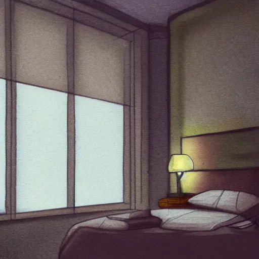 Image similar to hotel room, musty, ambient lighting, light shafts from window blinds, sun ray, dusty, moody, atmospheric, beautiful, abandoned room, motel room, artstation award, detailed, concept art, color sketch